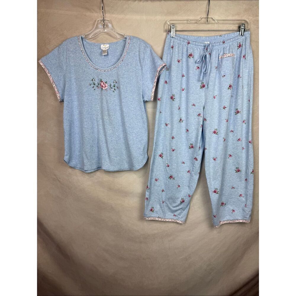 Vintage Pajama Set Y2K Cotton Blend Size Large Blue Floral Cottagecore